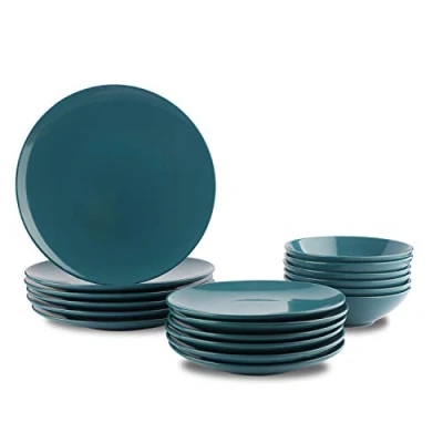 Afbeelding van Amazon Basics Serviesset, aardewerk, 18 delig, donker groenblauw, servies voor 6