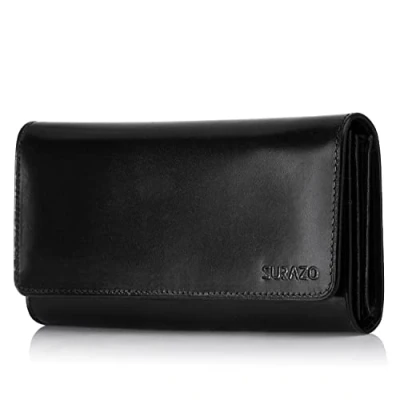 Afbeelding van SURAZO® lederen portemonnee voor dames, groot en veel vakken, grote met 12 kaartvakken, RFID bescherming, vrouwen, portemonnee, zwart, X Large