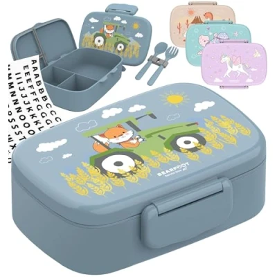 Afbeelding van BEARFOOT broodtrommel voor kinderen met vakken, BPA vrij, lunchbox, bento box, meisjes en jongens, snackbox, 100% lekvrij, lunchbox kleuterschool, school (tractorvos)