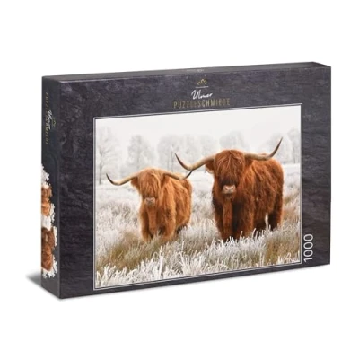 Afbeelding van Ulmer Puzzleschmiede Puzzel &quot;Wintervrienden&quot; Winterse 1000 stukjes dierenpuzzel puzzelmotief met twee ruige hooglandrunderen geweldig beeldcontrast tussen dier en natuur