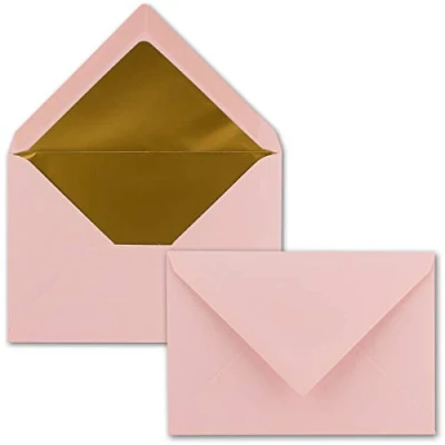 Afbeelding van enveloppen in roze 25 stuks DIN C6 (114 x 162 mm) 11,4 16,2 cm natte plakrand mat oppervlak en goud metallic voering zonder venster voor uitnodigingen