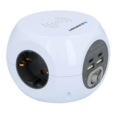 Afbeelding van Blaupunkt Stekkerkubus, meervoudige stopcontact, 3 voudig, 2 voudige USB A + C, met aan/uit schakelaar, inductief opladen, wit, 1,4 meter