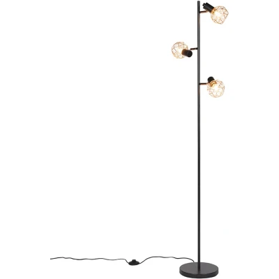 Afbeelding van QAZQA Vloerlamp zwart met koper 3 lichts Mesh