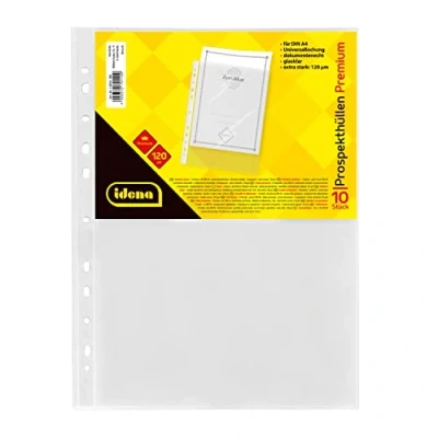Afbeelding van Idena 10010 Zakken voor brochures DIN A4, 10 zakken, uit PP folie, foliedikte 0,12 mm, extra sterk, documentbestendig, europerforatie, transparant, glashelder