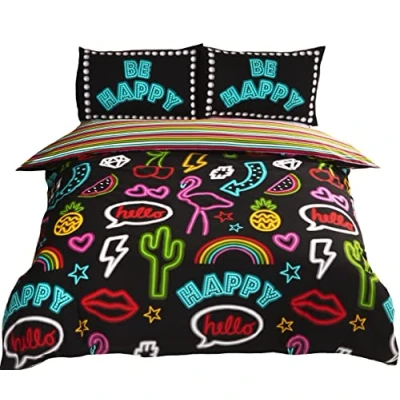 Afbeelding van Rapport Funky Neon Omkeerbaar Gestreept Dekbedovertrek Bedset, Polykatoen, Zwart, 2 stuks, Eenpersoons