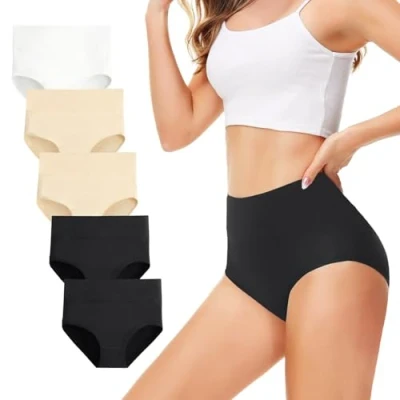 Afbeelding van TUUHAW Onderbroeken voor dames, 5 delige set, slip, korsetbroek, katoen, hoge taille, ademend, vormende tailleslip, 2 x zwart + crèmekleurig 1 wit, XXL