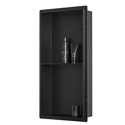 Afbeelding van Bernkot Douche van roestvrij staal 304 60 x 30 10 cm, randloze wandnis, dubbele doucheplank voor badkamer, geen tegels nodig, zwart