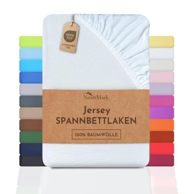 Afbeelding van NatureMark Jersey hoeslaken, 100% katoen, in vele maten en kleuren, merkkwaliteit, Öko Tex standaard 100, 140 x 200 cm tot 160 cm, wit