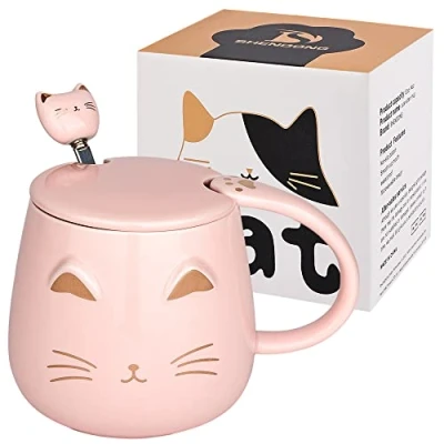 Afbeelding van SHENDONG Roze kattenmok, schattige keramische koffiekop met kawaii deksel en mooie roestvrijstalen lepel, nieuwigheid ochtendbeker koffie melk thee mokken 3D dieren kat voor kattenliefhebbers