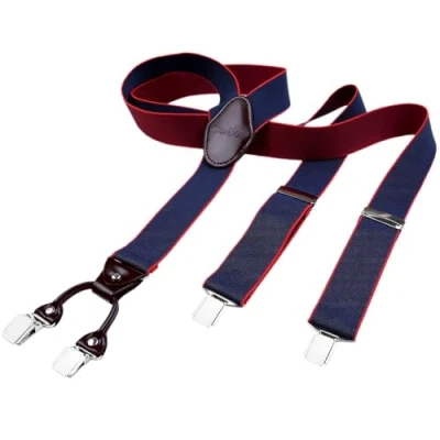 Afbeelding van DonDon herenbretels 3,5 cm breed 4 clips van bruin leer in Y vorm elastisch en verstelbaar donkerblauw wit gestippeld
