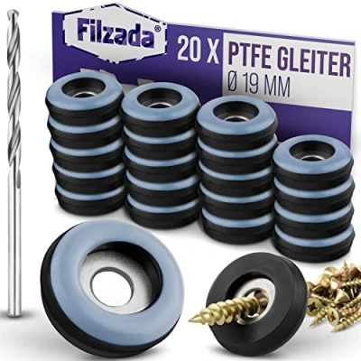 Afbeelding van Filzada® 20x Teflon Glijders om te Schroeven Ø 19 mm (rond) PTFE Meubelglijders/PTFE Stoelglijders incl. en Boortje