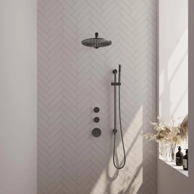 Afbeelding van Brauer Gunmetal carving Regendoucheset inbouw hoofddouche 30cm 3 knoppen rechte wandarm glijstang handdouche staaf 1 stand PVD