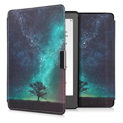 Afbeelding van kwmobile E reader hoesje geschikt voor Kobo Aura Edition 2 hoes flip case met magnetische sluiting Ereader cover Sterrenstelsel en Boom design in blauw / grijs zwart