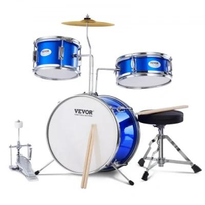 Afbeelding van VEVOR Kinderdrumset, 3 delig, 14&quot; Beginner Drumset met Verstelbare Troon Cimbal Pedaal Twee Paar Drumsticks, 8&quot; Tom Drum 10&quot; Snare Bass Drum, Starter Kit voor Kind Kinderen, Blauw
