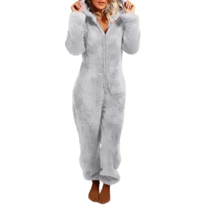Afbeelding van Warme Dames Pyjama Onesie Capuchon Jumpsuit met Rits Mode