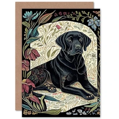 Afbeelding van Artery8 Black Labrador Dog with Floral Patterns Vintage Inspired Linocut Illustration Art Birthday Sealed Greeting Card Plus Envelope Blank inside