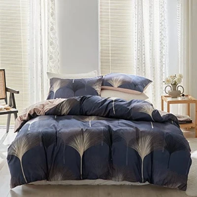 Afbeelding van Damier Beddengoed blauw, 220 x 240 cm, bladerpatroon, zacht, behaaglijk dekbedovertrek, ginkgobladeren, zwart beige, microvezel, 3 delig met ritssluiting en 2 kussenslopen van 80 cm