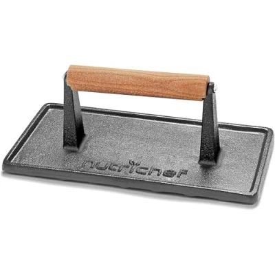 Afbeelding van NutriChef Grill Pers Zware Gietijzeren Vleespers Houten Handvat Versnelt de Kooktijd voor Steak, Burger, Vlees, Bacon, Quesadilla&#039;s en Meer