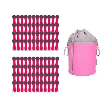Afbeelding van 96 wasknijpers met drukveren van roestvrij staal, softtouch pink, 1 canvas wasknijperzak, roze/grijs