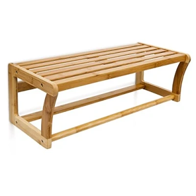 Afbeelding van Relaxdays wandplank met handdoekhouder, bamboe, 1 stang, klein, houten wandrek, HBD 20 x 60 26 cm, natuurlijke kleur