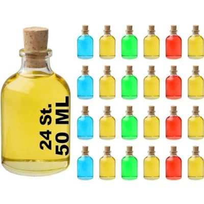 Afbeelding van Casavetro 24 x 50 ml kleine lege glazen flessen kurkstop, mini herbruikbare kurkdeksels luchtdicht voor sloe gin, azijn, bier, cider, frisdrank, wodka en water (24 ml)