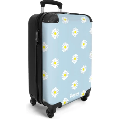 Afbeelding van NoBoringSuitcases.com® Handbagage koffer lichtgewicht Reiskoffer trolley Pastel blauw met madeliefjes Rolkoffer wieltjes Past binnen 55x40x20 en 55x35x25