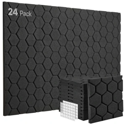 Afbeelding van Akoestisch schuim, 24 akoestische panelen, geluidsabsorber, 30x30x2,5cm, geluidsisolatie, geluiddempende mat, podcast, studio, gaming decoratie, streaming accessoires, panelen zwart