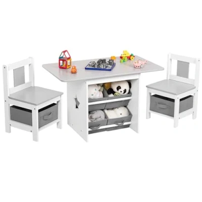 Afbeelding van Yorbay kindertafel met 2 stoelen, opbergruimte, 3 delige kinderzitgroep, zitgroep voor kinderen, schildertafel kinderkamer, speelkamer, kleuterschool, kindermeubel (grijs)