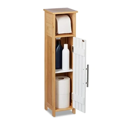 Afbeelding van Relaxdays staande wc rolhouder toiletkast smal kast kleine badkamerkast bamboe