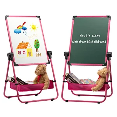 Afbeelding van Kids Whiteboard Art Ezel Magnetisch voor Kinderen, DOEWORKS Dubbelzijdige Stand &amp; Krijtbord Tekenbord met Complete Set, In hoogte verstelbaar 360Draaiend, Roze