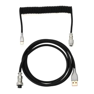 Afbeelding van Gevlochten mechanische toetsenbordkabel USB A C kabel voor gaming toetsenbord dubbele mouwen opgerolde met afneembare metalen Aviator 150 cm naar (zwart)