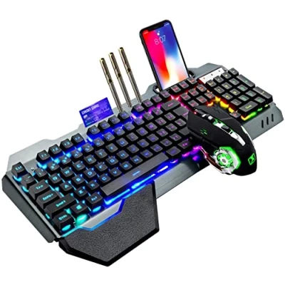 Afbeelding van LexonTech Draadloos gamingtoetsenbord met mechanisch gevoel, RGB achtergrondverlichting, oplaadbare 5000 mAh batterij afneembare palmsteun + 7 kleuren led gaming muis voor pc schrijver/speler (zwart)