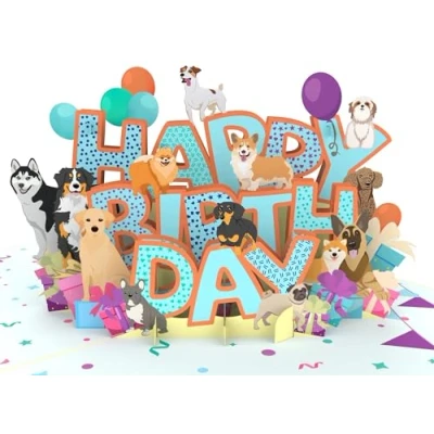 Afbeelding van MOKIO® Pop Up Kaart Happy Birthday Honden 3D wenskaart voor een verjaardag, Verjaardagskaart met hond