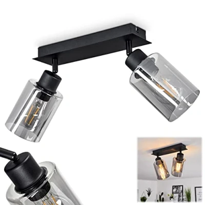 Afbeelding van plafondlamp Hunouri, metaal/glas in zwart/rookkleur, met kappen van gerookt glas, 2 vlammen, E27 fitting, zonder lampen, zijn draaibaar