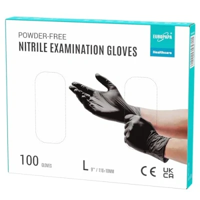 Afbeelding van EUROPAPA® Wegwerphandschoenen, onderzoekshandschoenen, nitril handschoenen, poedervrij, zonder latex, niet steriel, latexvrij, disposible 100 stuks (L, Zwart)