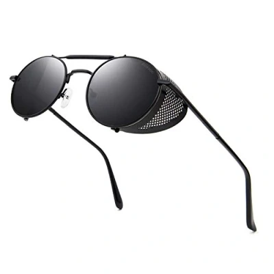 Afbeelding van RONSOU Steampunk stijl, ronde vintage zonnebril, retro bril met UV400 bescherming en metalen frame, zwart grijs
