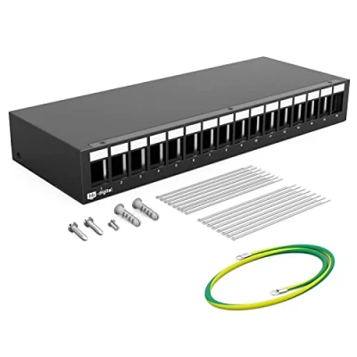 Afbeelding van HB DIGITAL 16 poorts patchpaneel behuizing voor Keystone Module: RJ45 bus, RJ11 socket, IEC mannelijk/vrouwelijk, F connector, USB C A BF/AF, HDMI, poolklem schroefdraadbus BNZ, RCA connector