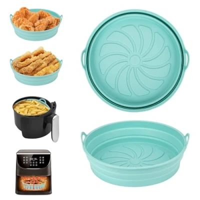 Afbeelding van Alyvisun Air Fryer Silicone Pot, 2 Stuks Airfryer Pan Liners Herbruikbare Heteluchtfriteuse Mand Rond Opvouwbare Tray Rack Accessoires Basket voor Fryers, Magnetron, Oven (Blauw)