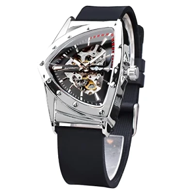 Afbeelding van FORSINING Skelet Horloges voor mannen, automatisch mechanisch horloge met driehoekige wijzerplaat, lichtgevende zelfopwindende horloges, roestvrijstalen armband of zachte siliconen band, Zwart,