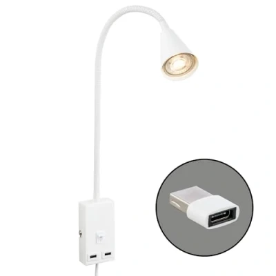 Afbeelding van BRILONER Leeslamp met USB aansluiting, aan/uit schakelaar, draaibaar, stekker, wandlamp, bedlamp, leeslamp, bedlampje, 50 cm hoog, wit