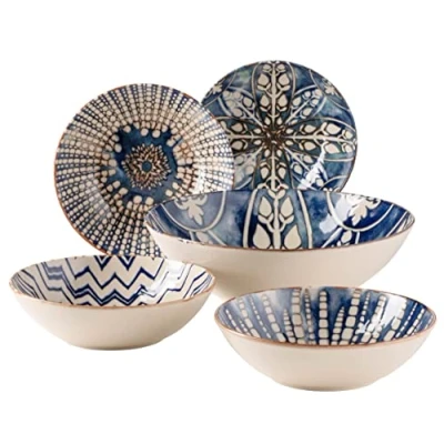 Afbeelding van MÄSER 934018 Iberico Blue, 5 delige bowl set in Moorse stijl, 1 grote slakom en 4 kommen voor salade, muesli, soep of pasta, met verschillende vintage patronen wit blauw, aardewerk