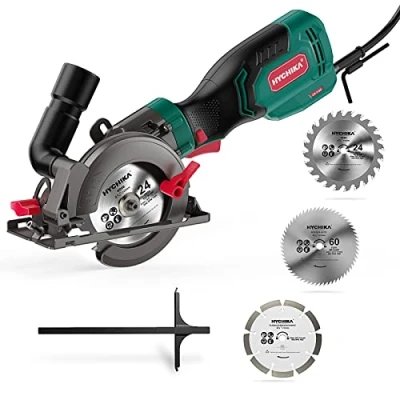 Afbeelding van Handcirkelzaag, HYCHIKA 750 W cirkelzaag 3500U met 6 zaagbladen (115 &amp; 125 mm), geleiderail, maximale zaagdiepte 48 mm (90 graden)/32 (45 graden)