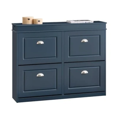 Afbeelding van SoBuy Schoenenrek, schoenenopslag, ingangsmeubels, schoenenkast, schoenenkast met 4 kleppen, 1 lade en haak, L 104 x D 24 H 83 cm, blauw, FSR79 B