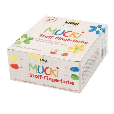 Afbeelding van Mucki textiel vingerverf 4 x 150 ml voor kleuren geel, rood, blauw &amp; groen