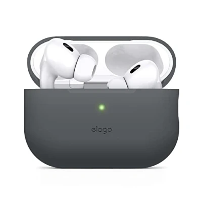 Afbeelding van elago Silicone Hoesje Compatible met Apple AirPods Pro 2e Generatie Case Cover (2022), Beschermend Geval, Front LED Zichtbaar Hoes, Ondersteunt Draadloos Laden (Donkergrijs)