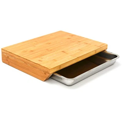 Afbeelding van Bamboe snijplank met metalen lade 49x37x8 hout plank roestvrij staal opvangbak