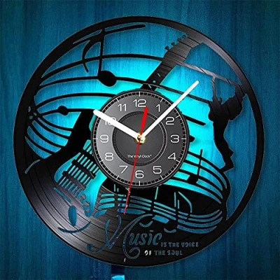 Afbeelding van Smotly Vinyl wandklok, instrument gitaar thema stille wandklok met LED nachtlampje functie is een uniek cadeau voor muziekliefhebbers.