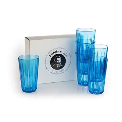 Afbeelding van Buddy&#039;s Bar Set van 6 hoogwaardige drinkglazen 0,5 liter, BPA vrij, kristalglas look, onbreekbare herbruikbare glazen, herbruikbaar en vaatwasmachinebestendig, 500 ml, blauw