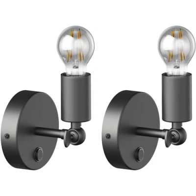 Afbeelding van ledscom.de 2 stuks vintage wandlamp FETRO schakelaar, zwart, zwenkbare LED lamp 370lm, extra warm wit