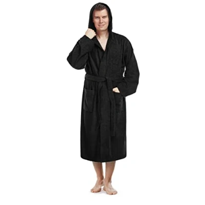 Afbeelding van Pacific Herenbadjas met capuchon, kuitlengte, 100% Katoenen Badstof, Zwart, S